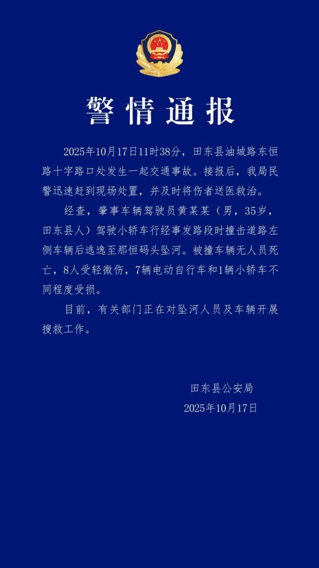 男子撞车致8伤逃逸坠河 官方正搜救